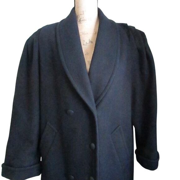 Vintage 80s Jofeld by Forstmann Black Wool Blend Coat Maxi Shawl Collar Sz M/L - Picture 1 of 17
